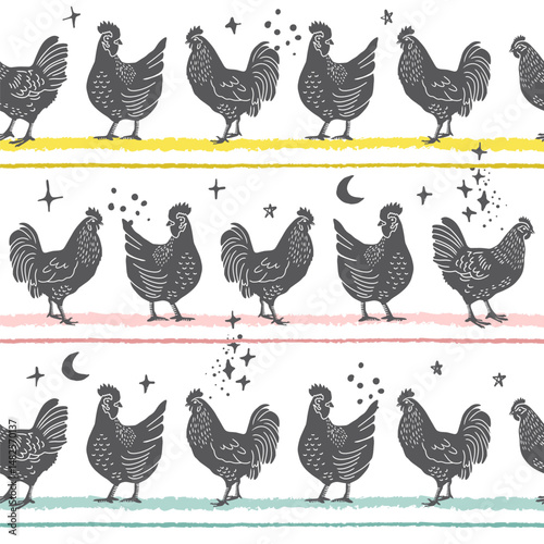 Black Chickens Standing in Line Vector Seamless Pattern