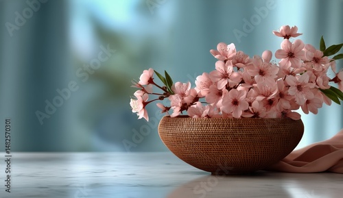 Cherry Blossoms Arranged in a Woven Bowl on a Marble Countertop in a Softly L...