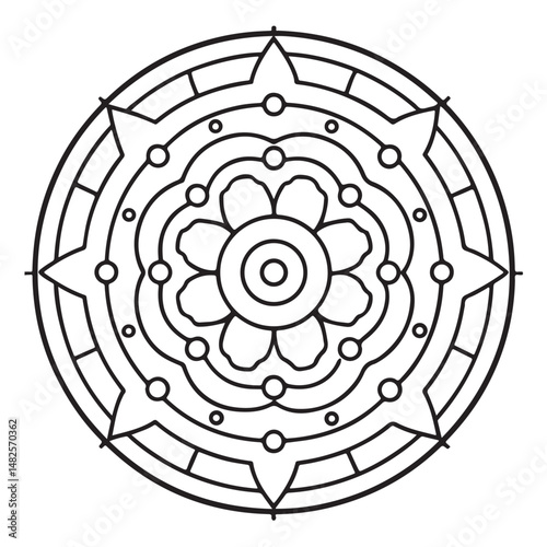 anti stress mandala coloring page, bold and easy mandala coloring page, mandala coloring page, line art, black and white illustration