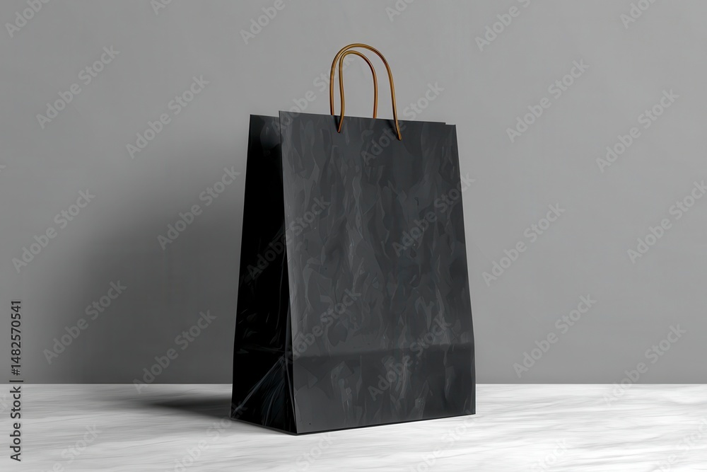 Black paper glossy shopping bag mockup with cut-out handle