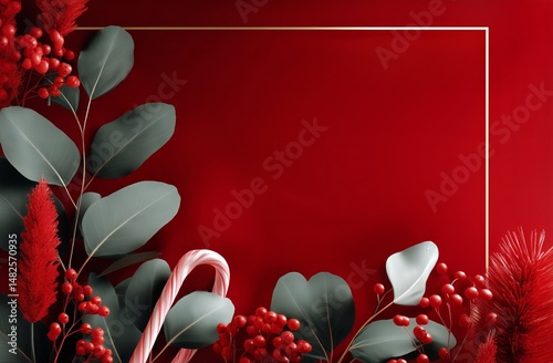Festive Holiday Arrangement With Greenery and Candy Cane on Red Background