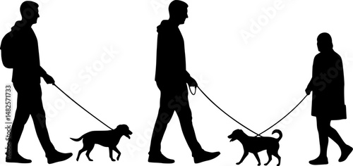 Vector silhouette of man who walk with his dog with leash on white background. Symbol of animal, pet, friends,walk.