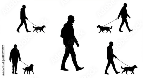 Vector silhouette of man who walk with his dog with leash on white background. Symbol of animal, pet, friends,walk.