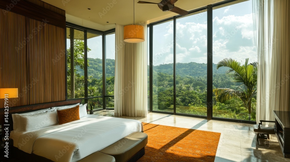 Fototapeta premium A lavish hotel suite with floor-to-ceiling windows overlooking a tropical paradise.