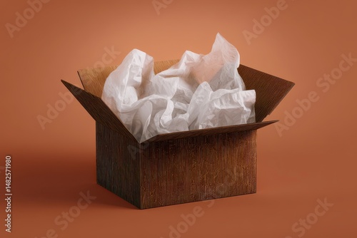 Mockup of a large corrugated cardboard box with tissue paper inside
