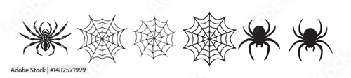 Spiderweb varieties set. Black mesh patterns with halloween party ornament. Silhouette of a spider hanging from a web, halloween vector eps 10