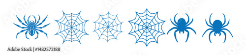Spiderweb varieties set. Black mesh patterns with halloween party ornament. Silhouette of a spider hanging from a web, halloween vector eps 10