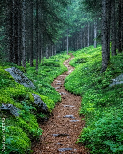 Forest path winds through lush green moss and tall trees