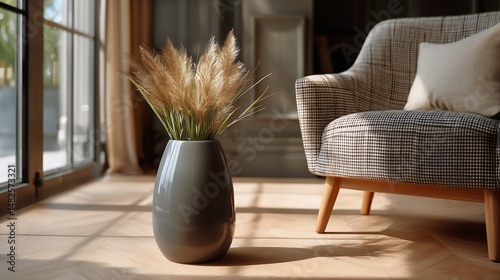 Cozy Living Room Featuring a Stylish Chair and Decorative Vase With Pampas Grass