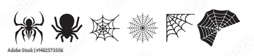 Spiderweb varieties set. Black mesh patterns with halloween party ornament. Silhouette of a spider hanging from a web, halloween vector eps 10
