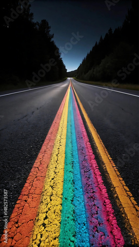 Colorful painted road lines leading into the distance under a dark night sky