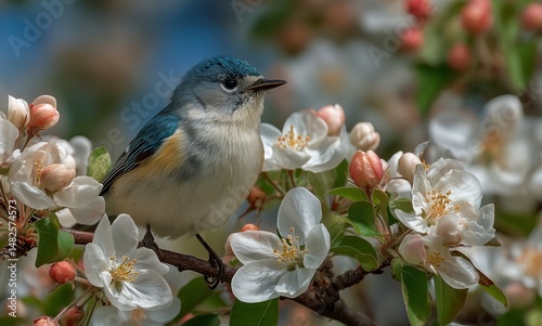 Bluebird Perched on Blooming Branches During Springtime in a Garden