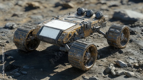 A Mars rover with a blank nameplate on its body.