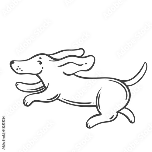 Cartoon dog running with big floppy ears and happy face. Minimal monochrome doodle outline, perfect for coloring pages, stickers, kids art, clipart, or playful pet projects.