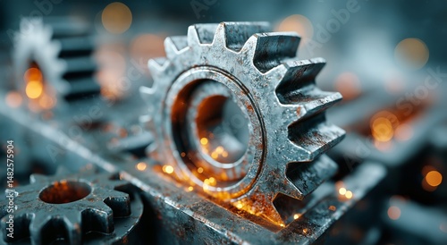 Industrial Gears Arranged on a Surface With Sparks and Lighting in a Workshop Setting