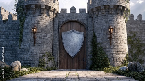 A medieval castle with a blank shield design on its main gate.