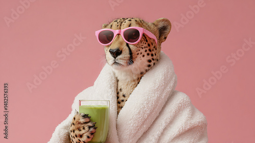 Cheetah's Day Off: A relaxed cheetah donning sunglasses and a bathrobe enjoys a refreshing drink against a soft background. It's the ultimate chill vibe and epitomizes leisure and comfort.