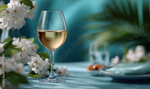 White Wine Glass Beside Fresh Flowers in a Tranquil Setting During Daylight