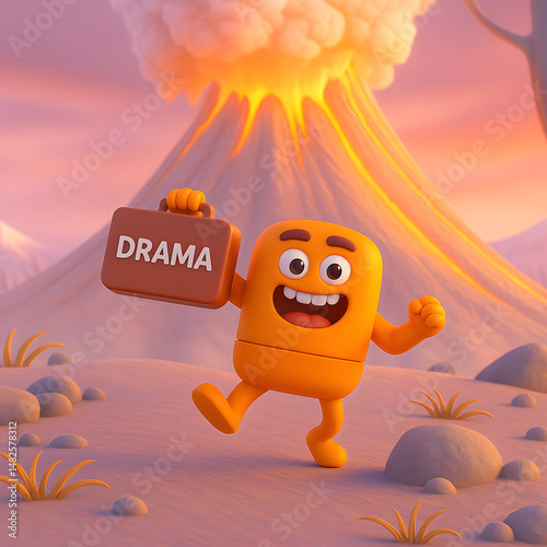 Cartoon character running from emotional overload with a ‘DRAMA’ suitcase, symbolizing mental chaos and inner struggle, against a volcanic backdrop