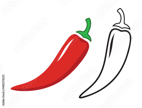 red chili pepper and outline design for spicy food or seasoning