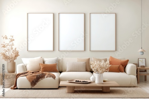 Three empty vertical picture frames in a modern living room with white sofa and beige pillows. Wall art mockup.