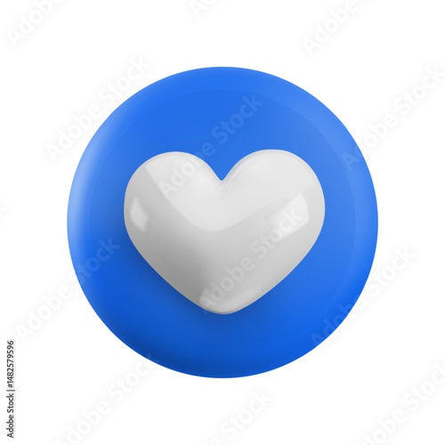 Vector cartoon minimal 3d blue button with white heart icon. Realistic render of circle like button sign, favorites symbol, comment in social media, like counter concept, love message for web, app.