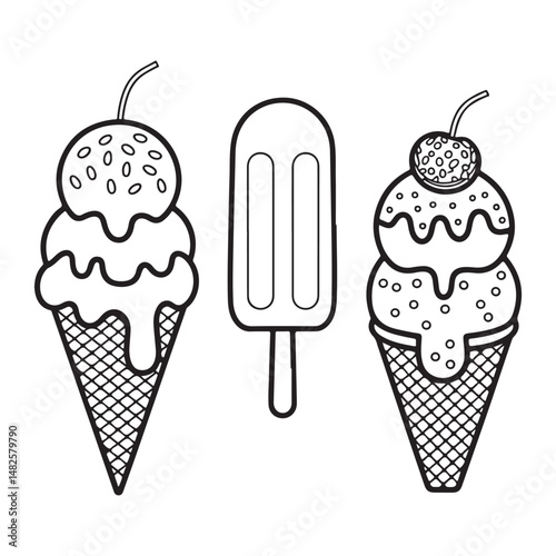 Sweet and fun ice cream cone and popsicle illustrations with toppings and vibrant designs.