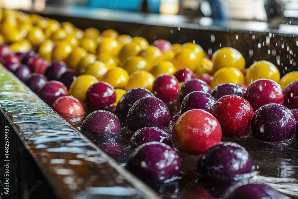 Fresh Colorful Fruits Floating in Water During Harvest Process Fresh Colorful Fruits Floating in Water During Harvest Process