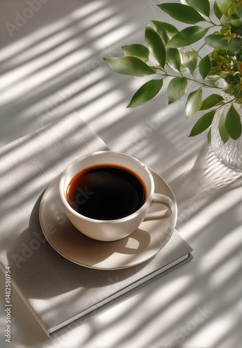 Coffee Cup Resting on a Book With Shadows From Leaves in a Bright Room