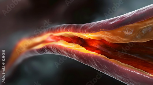 Close-up view of artery, highlighted inner lining showing potential plaque buildup.  Detailed cross-section reveals  layers of arterial wall,  with  brightly illuminated lumen