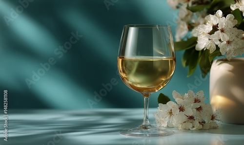 White Wine Glass Beside Fresh Flowers in a Tranquil Setting During Daylight