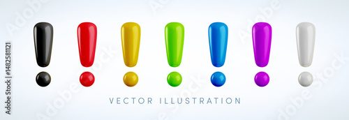 Vector Realistic 3d exclamation mark set. Cartoon 3d render of colorful exclamation point collection for warning sign design element, danger alert balloon style notification, information symbol.