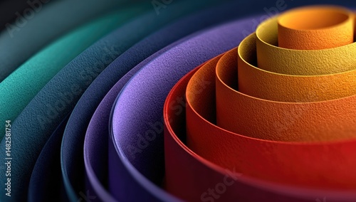 Colorful concentric circles of layered paper tubes, showcasing a vibrant spectrum of colors.  Close-up view of the textured surfaces