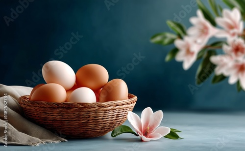 Fresh Eggs and Flowers Arranged on a Blue Background Creating a Natural and I...