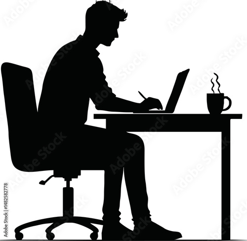Vector silhouette of an office worker juggling tasks at a desk, multitasking with computer, papers, coffee cup, minimal busy workday concept in black and white