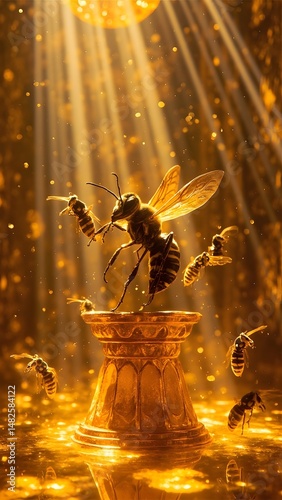 Glorious bee warrior standing proud on golden pedestal with light.