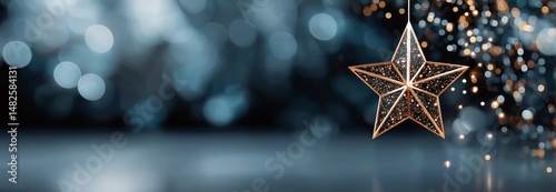 Golden Star Ornament Sparkles Against a Blurred Festive Background