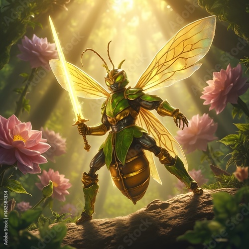 Twin-sword insect warrior bee glowing in sunny floral realm.