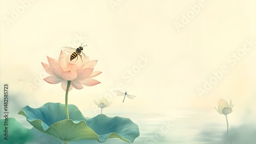 Serene scene of a bee and dragonfly over lotus flower in calm aquatic setting.