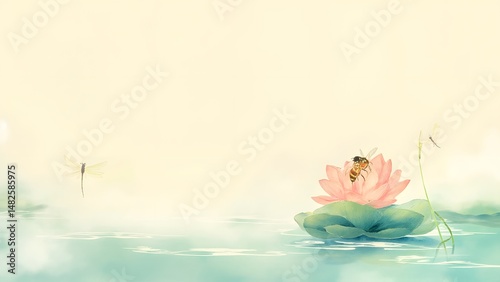 Minimalistic lotus and bee composition over gentle water ripples.