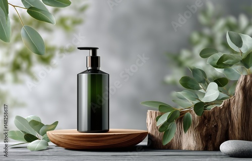 Elegant Cosmetic Bottle Displayed on a Wooden Tray Surrounded by Green Leaves...