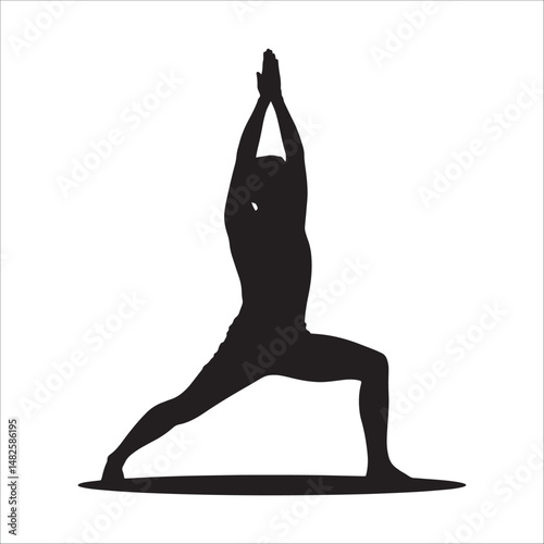 Yoga woman silhouette in warrior pose stretching on mat for wellness, fitness, and health concepts.