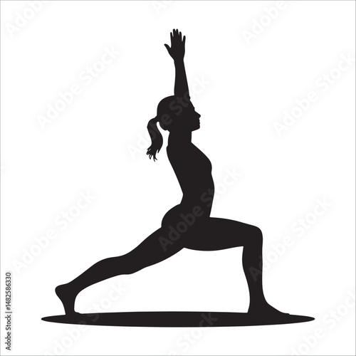 Yoga woman silhouette in warrior pose stretching on mat for wellness, fitness, and health concepts.