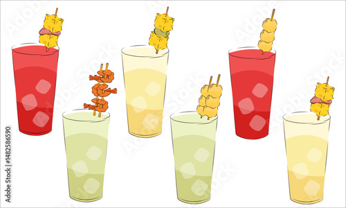 Vector illustration of alcoholic drinks with snacks on top
