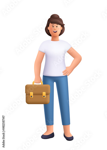 Young smiling woman Jane holding briefcase. Leader success, management concept. 3d vector people character.
Cartoon minimal style.