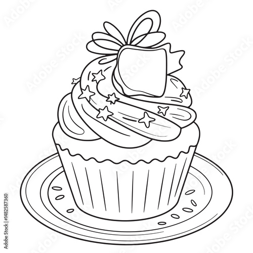 Minimal Cupcake with Frosting Line Drawing