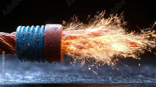 Electrical sparks emanate from severed, twisted wires