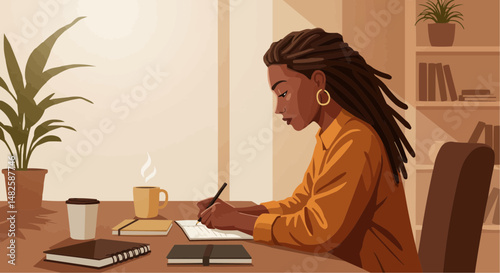 Young  woman with dreadlocks writing in notebook while sitting at table indoors,  Business 