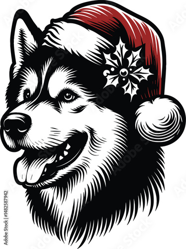 Siberian Husky Wearing Santa Hat Head – Christmas Vector Illustration