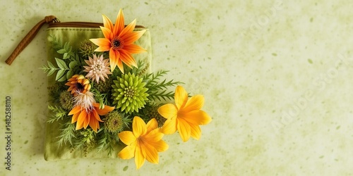 Orange and Green Flowers in a Fabric Bag Design